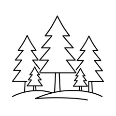 Obraz premium Conifer Forest Illustration: A minimalist line art depiction of a cluster of conifer trees of varying sizes, standing on undulating ground, evoking a serene forest landscape.