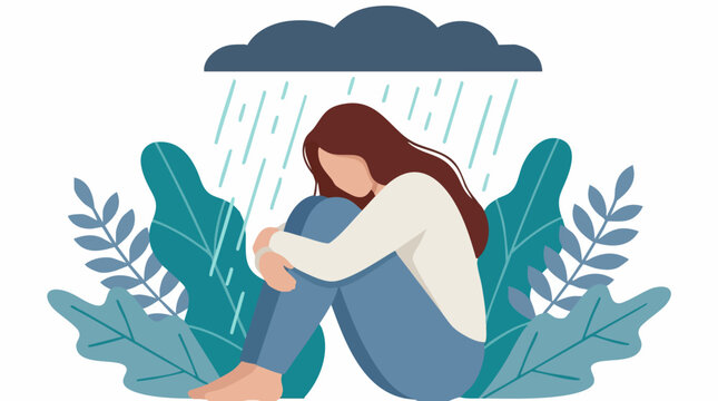 Depressed woman sitting under rain cloud, symbolizing sadness and mental health