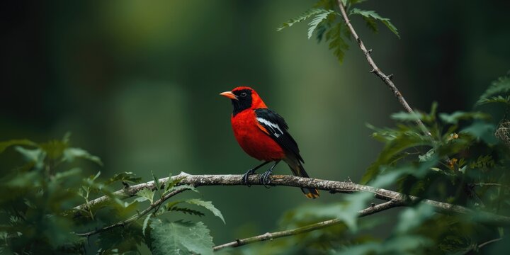 Scarlet Tanager Perched on a Branch Among Green Foliage