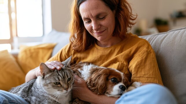 Woman petting cat while dog rests on her arm on a sofa in a sunny home