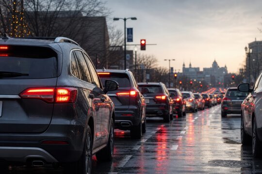 Traffic jam with cars stopped at red light on wet city street at dusk