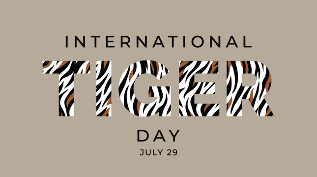Bold typographic design featuring the words international tiger day with a stylized orange black and white striped fur pattern fill on a clean minimalist beige background for modern awareness campaign