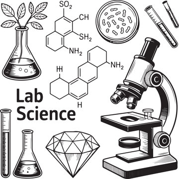Lab science illustration with microscope flasks test tubes diamond and chemical formulas representing research and discovery in scientific field.