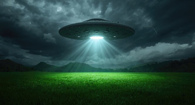 UFO Hovering Over Grassy Field - Dramatic Lightning, Dark Clouds, Nighttime Scene