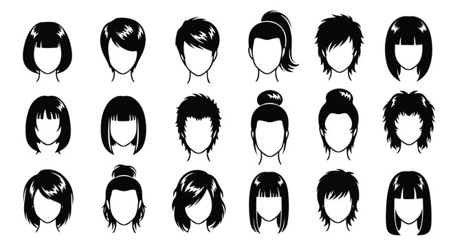 Black hair silhouette icons set, 18 female hairstyle vector elements, modern woman hair fashion collection for salon branding and beauty avatars
