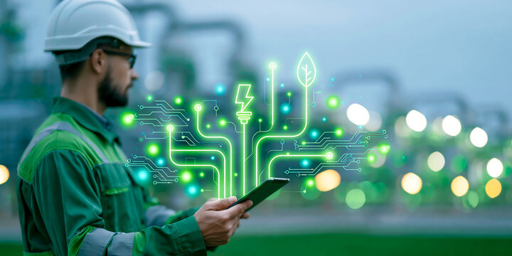 A plant operator in a hard hat holds a tablet inside a clean energy facility at dusk, glowing green circuit lines connecting a lightning bolt and leaf icon above the screen indeed.