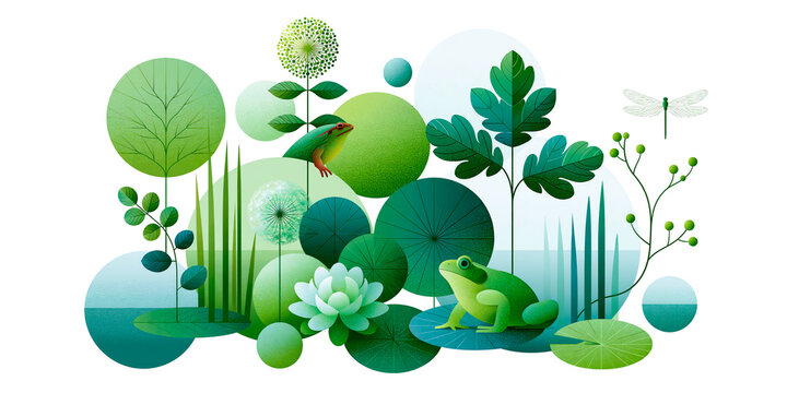 Flat vector illustration of a green and blue tree formed from interlocking circles containing a frog, water lilies and dragonfly, representing a balanced pond and wetland ecosystem