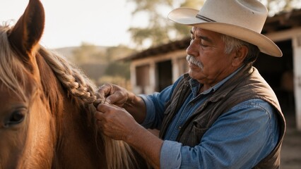 Obraz premium Elderly man in cowboy hat braids horse mane. Warm ranch setting shows bond and care. Ideal for agricultural or lifestyle content.