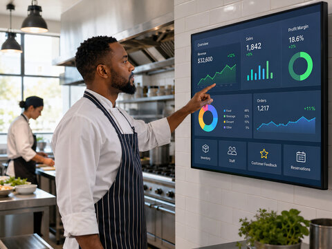 Professional chef managing restaurant performance data on a digital dashboard in a commercial kitchen