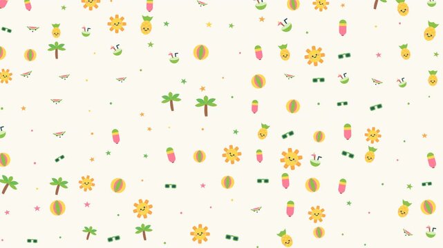 Colorful summer holiday background with animated suns, pineapples, palm trees, and beach balls.