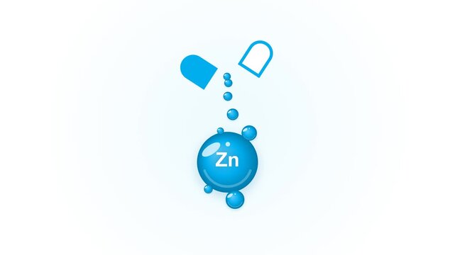 Zinc Supplement Capsule Release. Animated medical concept showing a blue pill opening to release zinc liquid drops and a branded chemical sphere. Ideal for nutrition and science health videos.