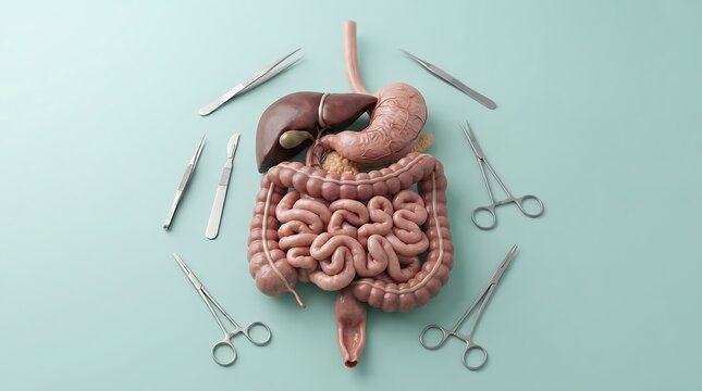 Human Digestive System Model with Surgical Instruments