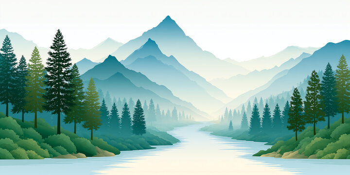 Flat vector illustration of layered blue and green mountains with a winding river and pine trees, forming a simplified peaceful nature landscape on a clean white background indeed.