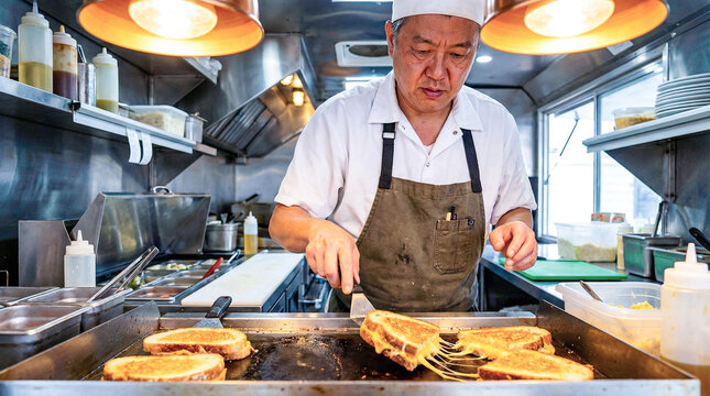 Cook preparing grilled sandwiches in a busy food truck kitchen