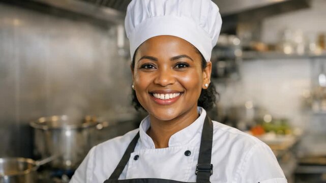 A cheerful chef standing in a commercial kitchen, wearing white hat and apron. She is smiling and appears ready for cooking.