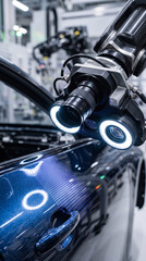 Fototapeta premium Advanced robotic sensors inspecting automotive paintwork for quality control in a clean high-tech industrial environment, macro close-up view