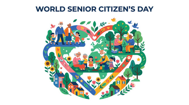 Diverse elderly people and children interacting in a vibrant heart shaped illustration for senior citizens day