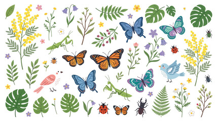 Fototapeta premium Vibrant collection of colorful butterflies, friendly insects, singing birds, tropical leaves and delicate spring flowers