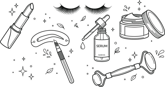 Beauty makeup and skincare vector icon set with lipstick eyelashes serum dropper microblading eyebrow stencil and face roller