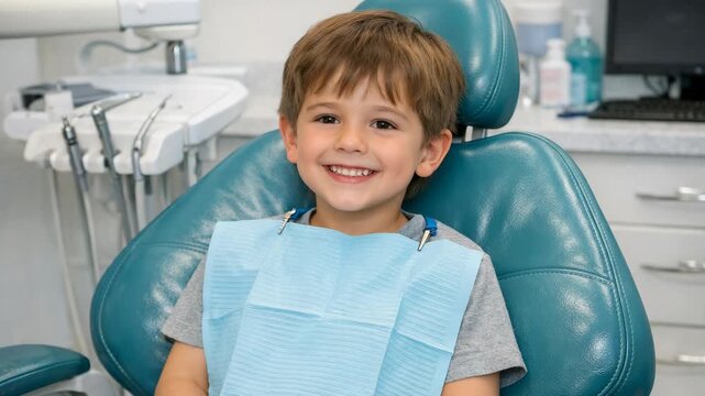Happy child wearing blue mouthguard in dental chair