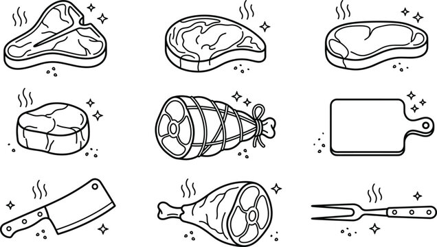 Butcher meat cuts vector line icon set with steak ham pork chop cleaver knife fork and cutting board