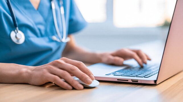 Unrecognizable female doctor in blue uniform using laptop and mouse in medical office.