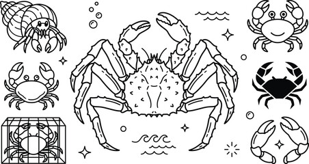 Crab vector line art coloring page set with king crab hermit crab trap claw and marine animal icon elements © MDSAIFUL