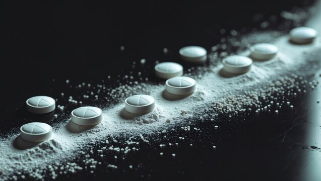 White tablets and powdered fentanyl spread across a reflective surface, highlighting the critical problems of opioid addiction and prescription drug misuse impacting individuals and communities.