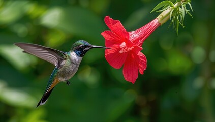 Fototapeta premium Hummingbird Approaching Red Flower - Lush Green Background, Vibrant Colors, Close-Up Shot
