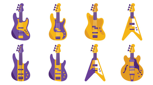 Collection of eight pixel art electric and bass guitars in purple and gold, set against a white background