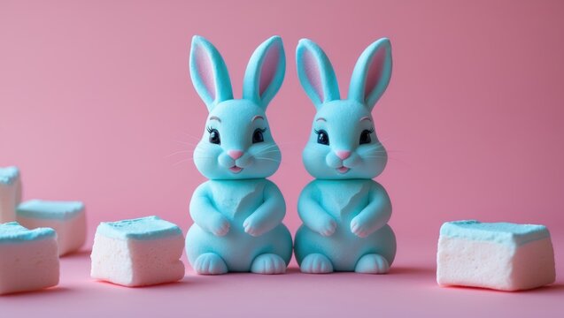  assorted pink and blue marshmallow Easter candies against vibrant backgrounds