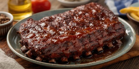 Obraz premium Juicy Barbecue Ribs Glazed with Sauce on a Rustic Wooden Table