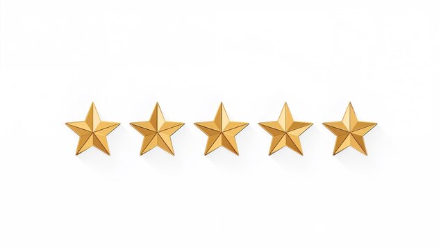 Five Golden Stars Aligned on White Background with Soft Shadows