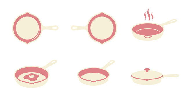 Collection of pixel art cast iron skillets and frying pans in various states, some empty, one with a fried egg and steam, clean design elements