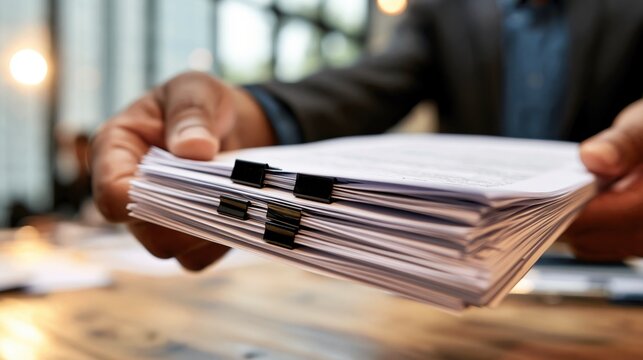 Businessperson holding stack of documents with paper clips, close up of hands.