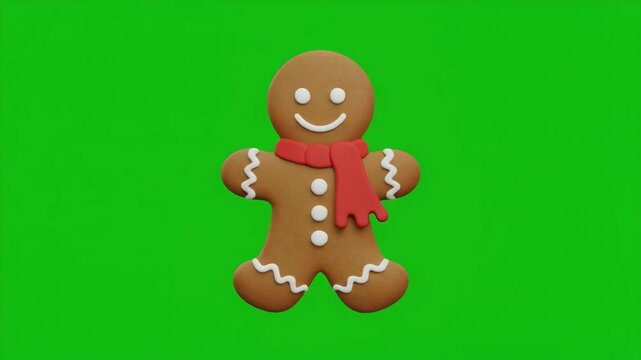 Gingerbread man character waving hello with red scarf in festive holiday animation