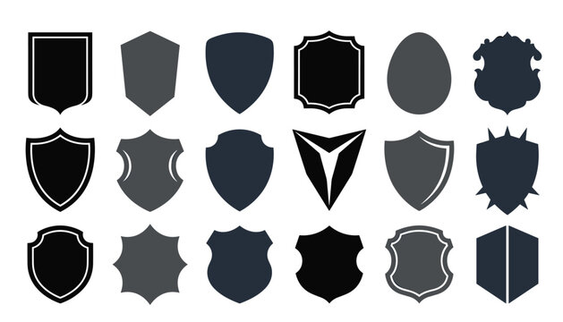 Black silhouette shield and blank security emblem vector set. Protection badges, transparent background heraldic shapes.