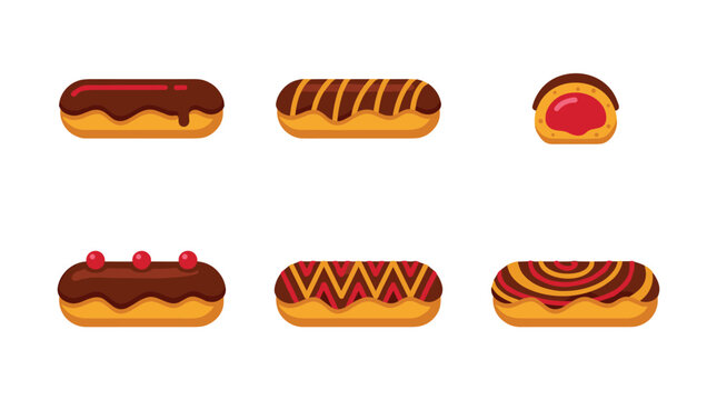 Pixel art eclairs set, different chocolate and fruit filling toppings, sweet dessert icons for digital use