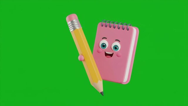 Pink Notebook and Yellow Pencil Animation with Cheerful Expression on Green Screen