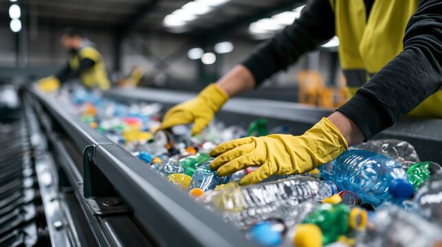 Recycling workers sorting plastic bottles on conveyor belt at facility for environmental sustainability.
