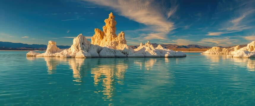 Tufa Towers Reflected in Clear Turquoise Water Under a Blue Sky