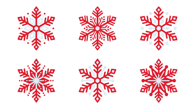 collection of six red and white pixelated snowflake icons, winter holiday season and Christmas decoration elements