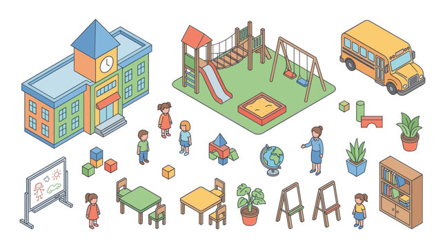 Kindergarten School Campus in Colorful Isometric Vector Illustration Style