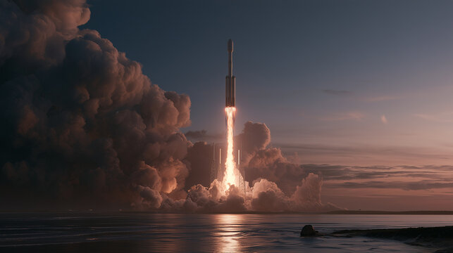 Powerful reusable rocket launching from coastal spaceport over the ocean, dramatic exhaust plume and twilight sky, inspired by modern orbital missions, aerospace innovation and com
