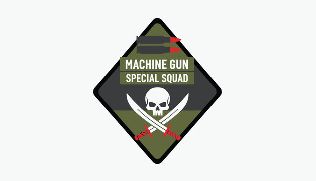 Military style diamond shaped patch featuring a skull, crossed swords, bullets, and text reading machine gun special squad.
