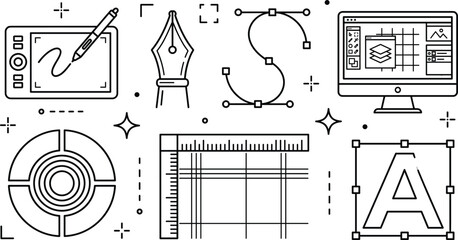 Graphic design and vector illustration tools icon set featuring tablet pen tool bezier curve monitor grid typography ruler. © MDSAIFUL