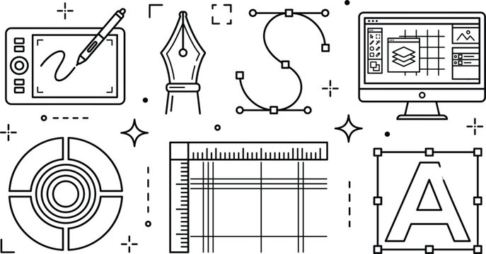Graphic design and vector illustration tools icon set featuring tablet pen tool bezier curve monitor grid typography ruler.