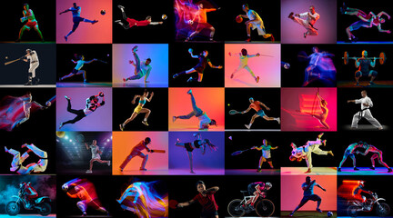 Neon sports collection with athletes performing dynamic actions on dark backgrounds. Concept of sports advertising campaign, event marketing, sponsorship promotion and streaming platform branding.