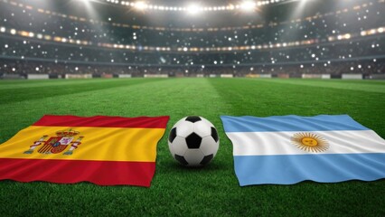 Obraz premium Flags of Spain and Argentina flank soccer ball on vibrant field, symbolizing unity