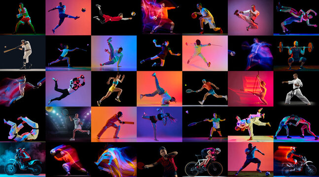 Neon sports collection with athletes performing dynamic actions on dark backgrounds. Concept of sports advertising campaign, event marketing, sponsorship promotion and streaming platform branding.